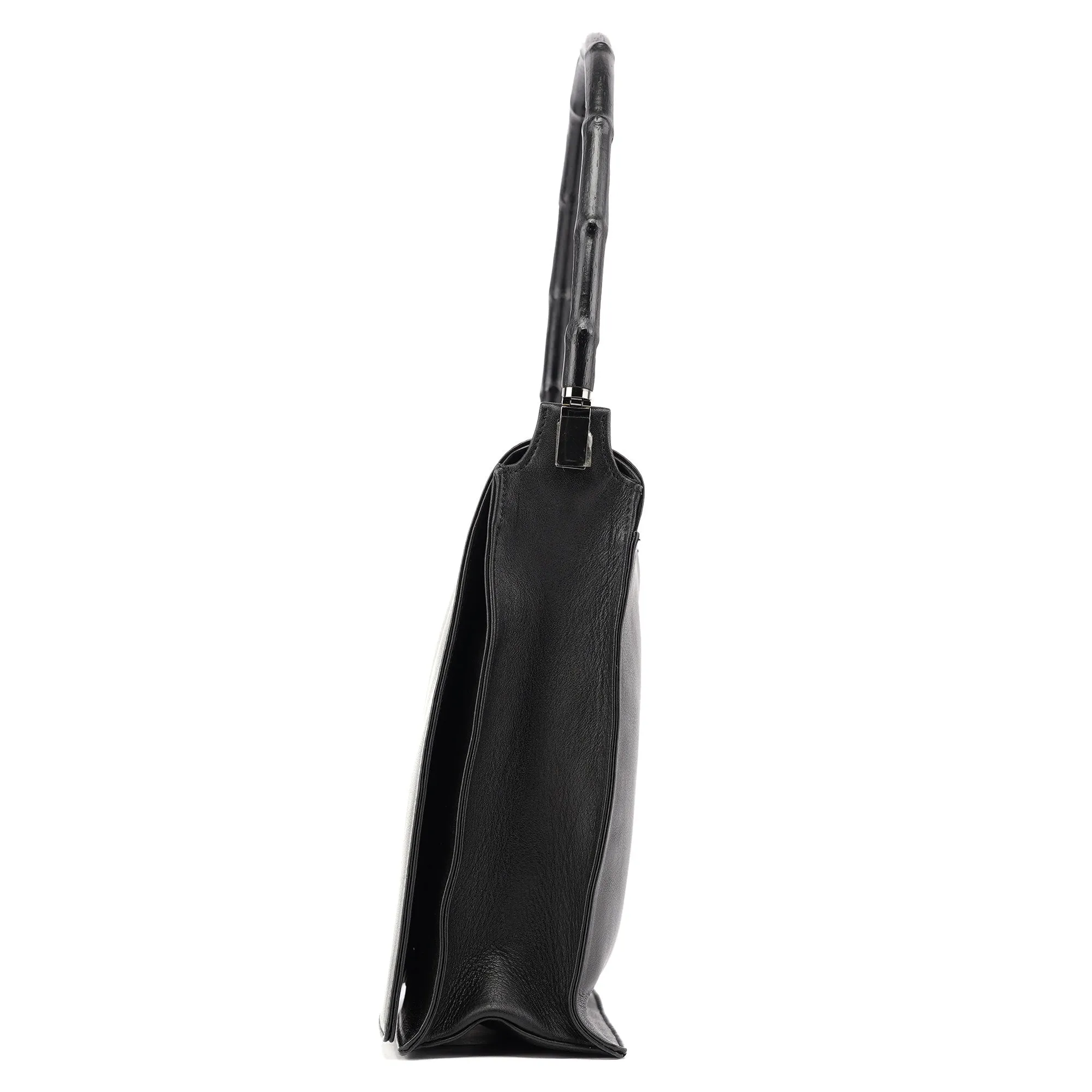 001 3243 Black Calfskin Bamboo Flap Shoulder Bag