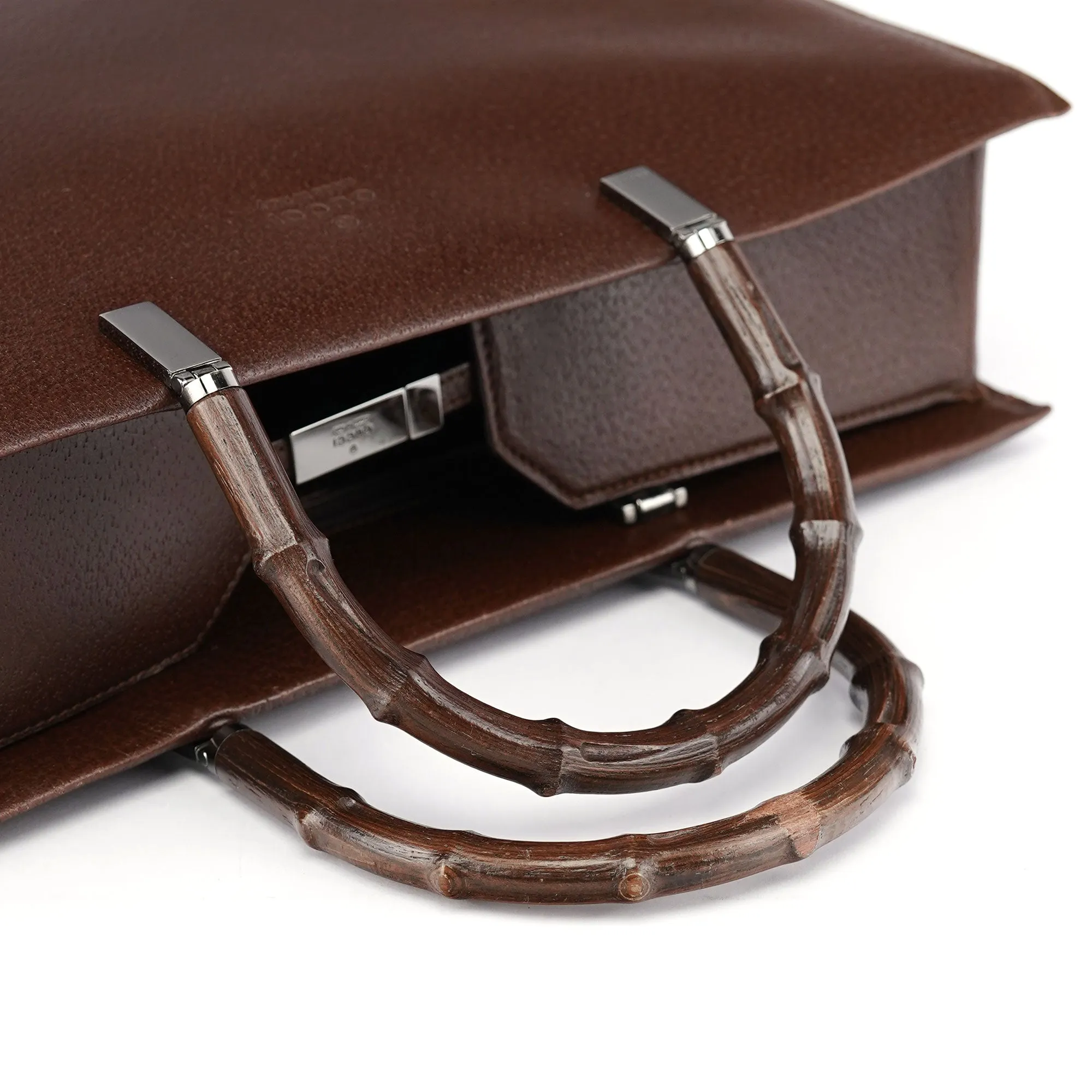 002 1034 Brown Leather Bamboo 2-Way Tote Bag