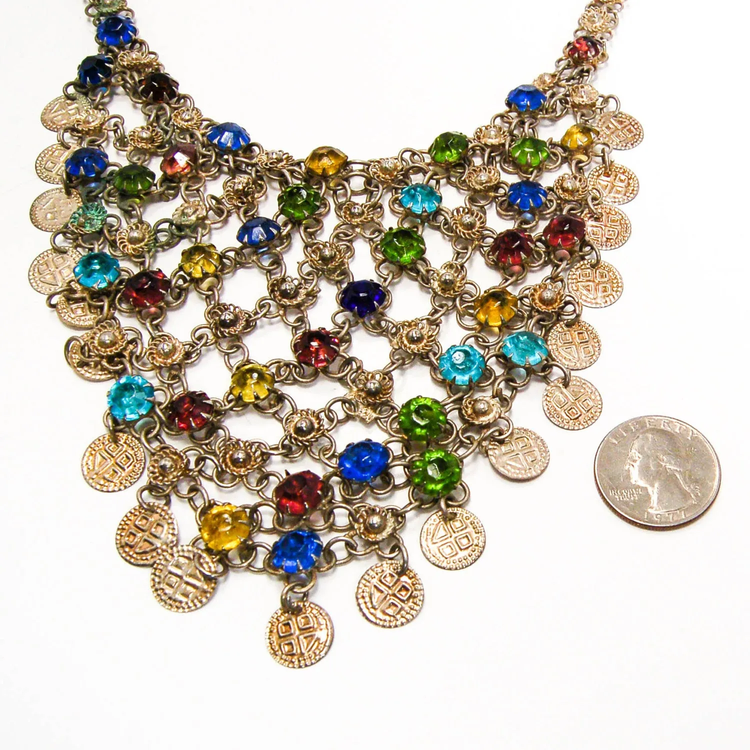1970's Colorful Bib Necklace with Art Glass Rhinestones