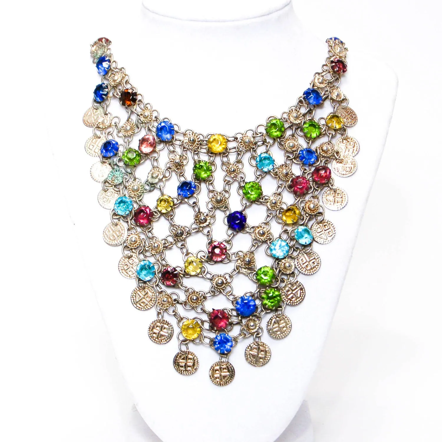 1970's Colorful Bib Necklace with Art Glass Rhinestones