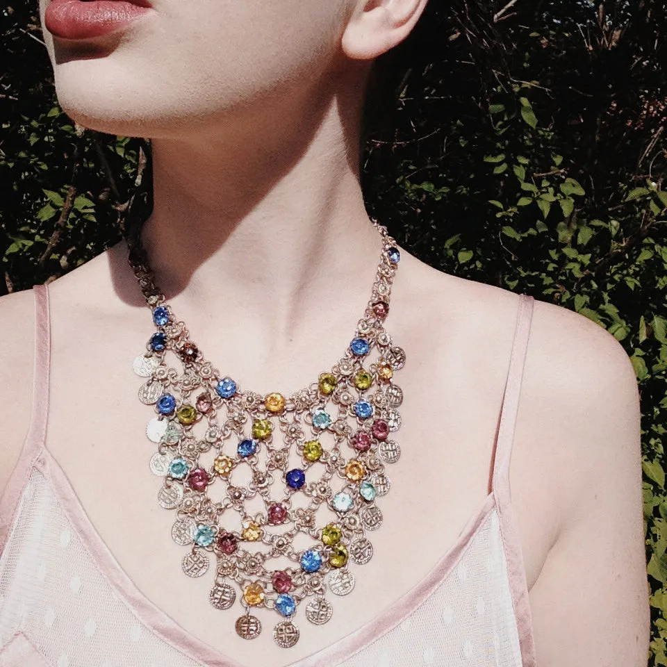 1970's Colorful Bib Necklace with Art Glass Rhinestones