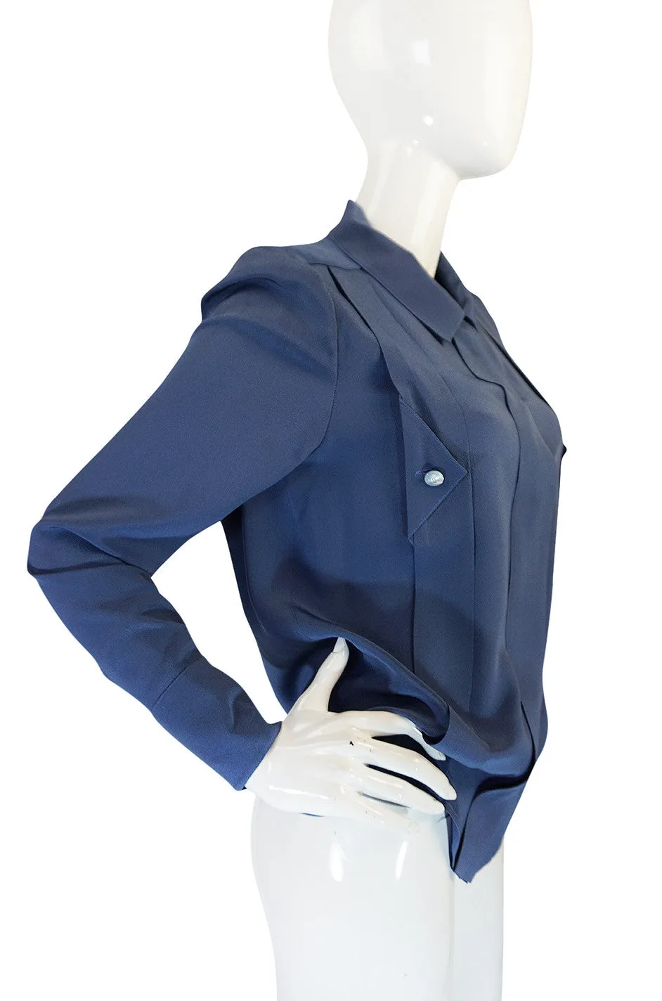 1980s Karl Lagerfeld Blue Silk Button Front Top