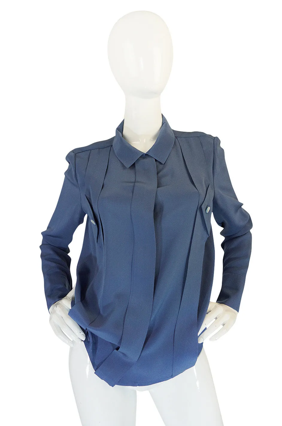 1980s Karl Lagerfeld Blue Silk Button Front Top