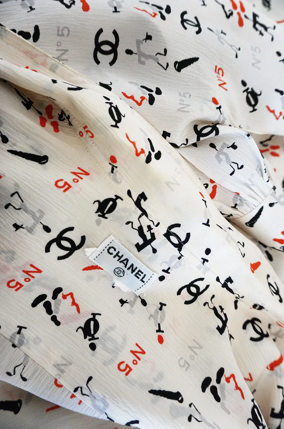 1990s Iconic Chanel No 5 Printed Silk Top