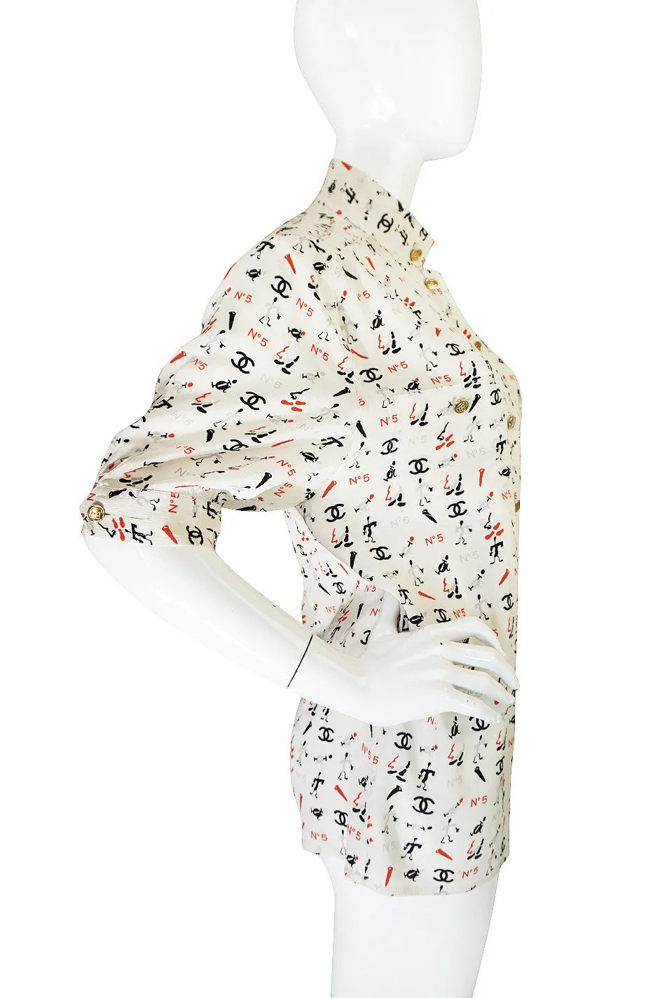 1990s Iconic Chanel No 5 Printed Silk Top