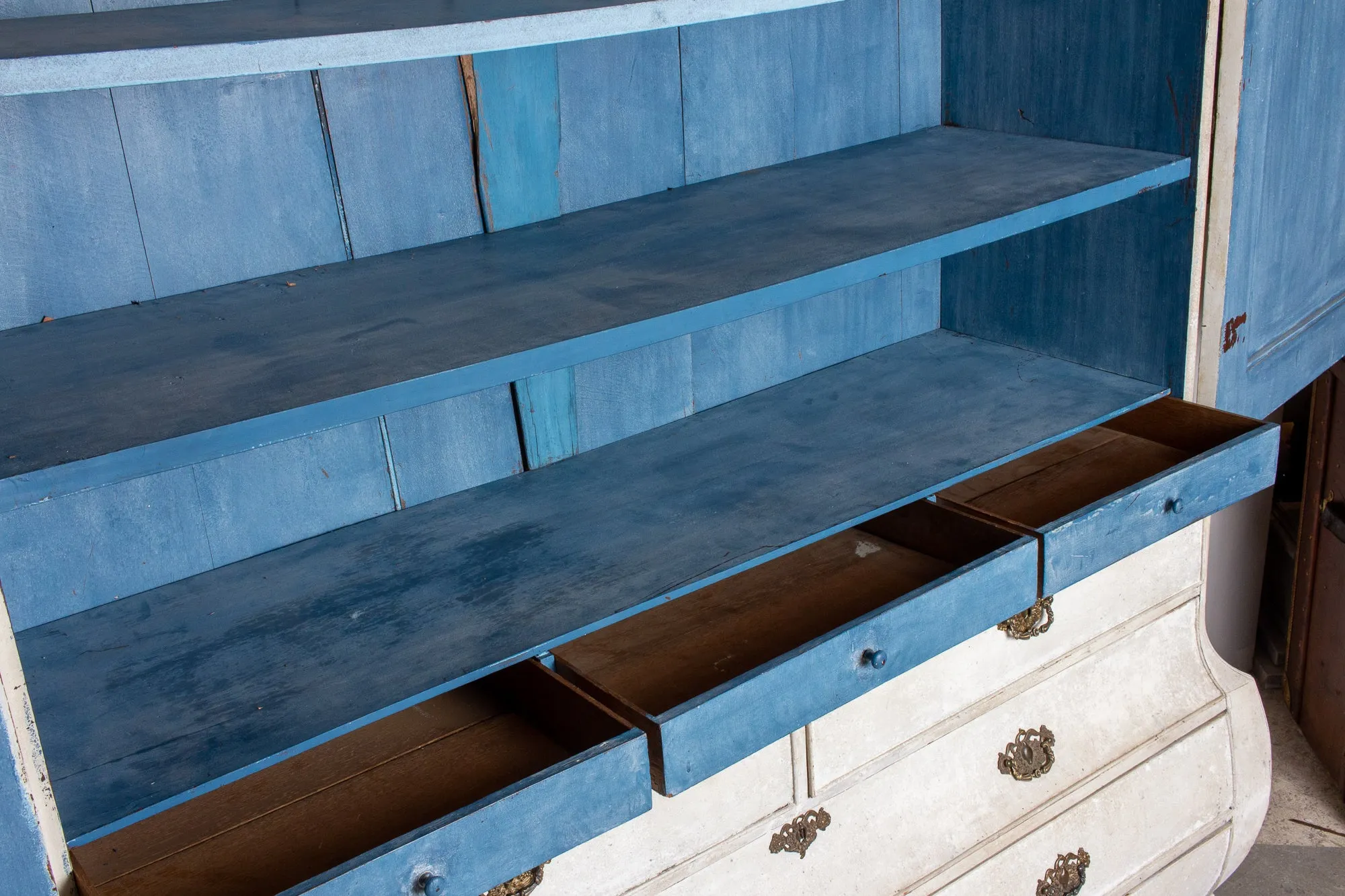 19th Century Painted Dutch Linen Press in Cream and Blue