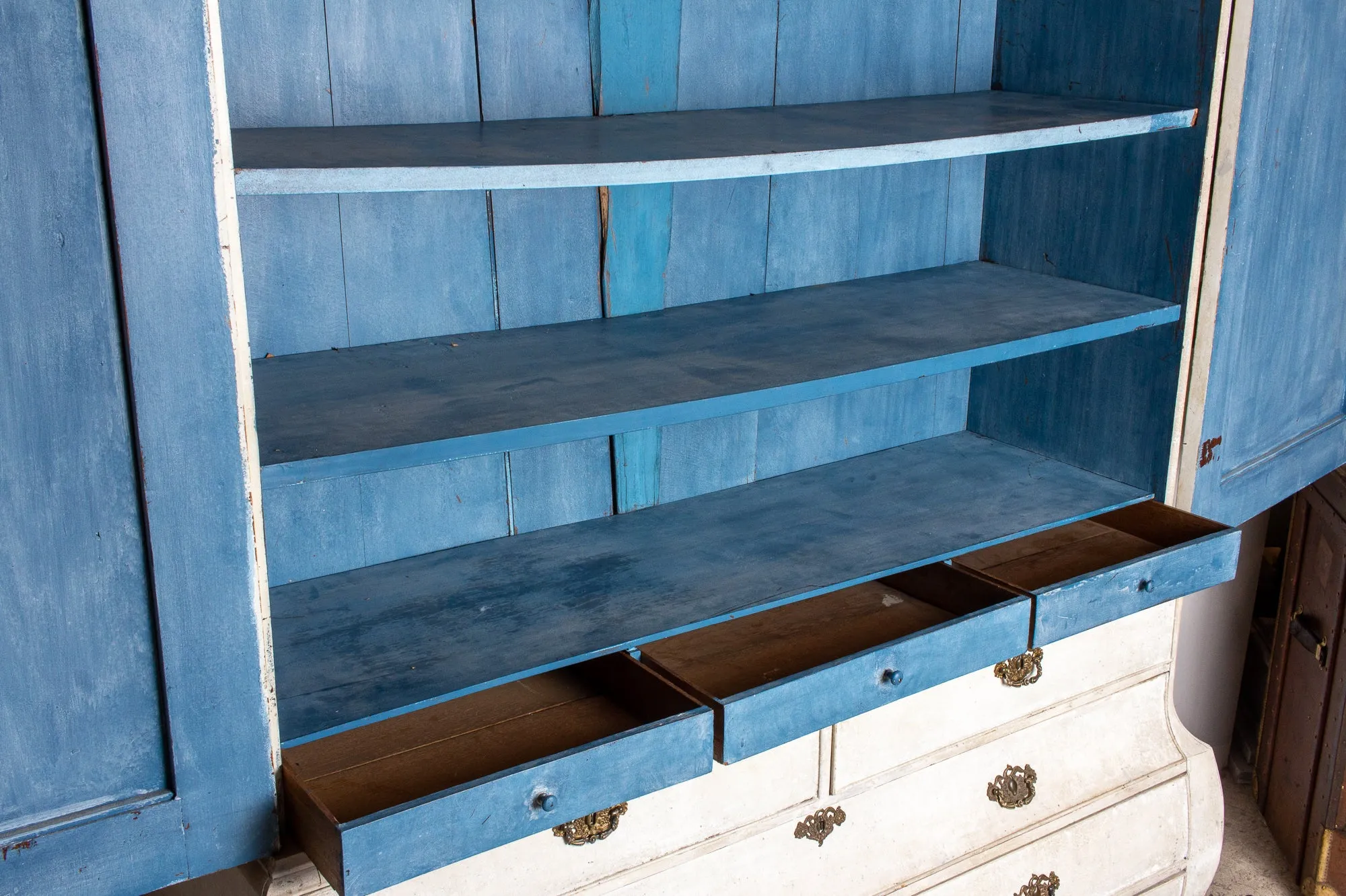 19th Century Painted Dutch Linen Press in Cream and Blue
