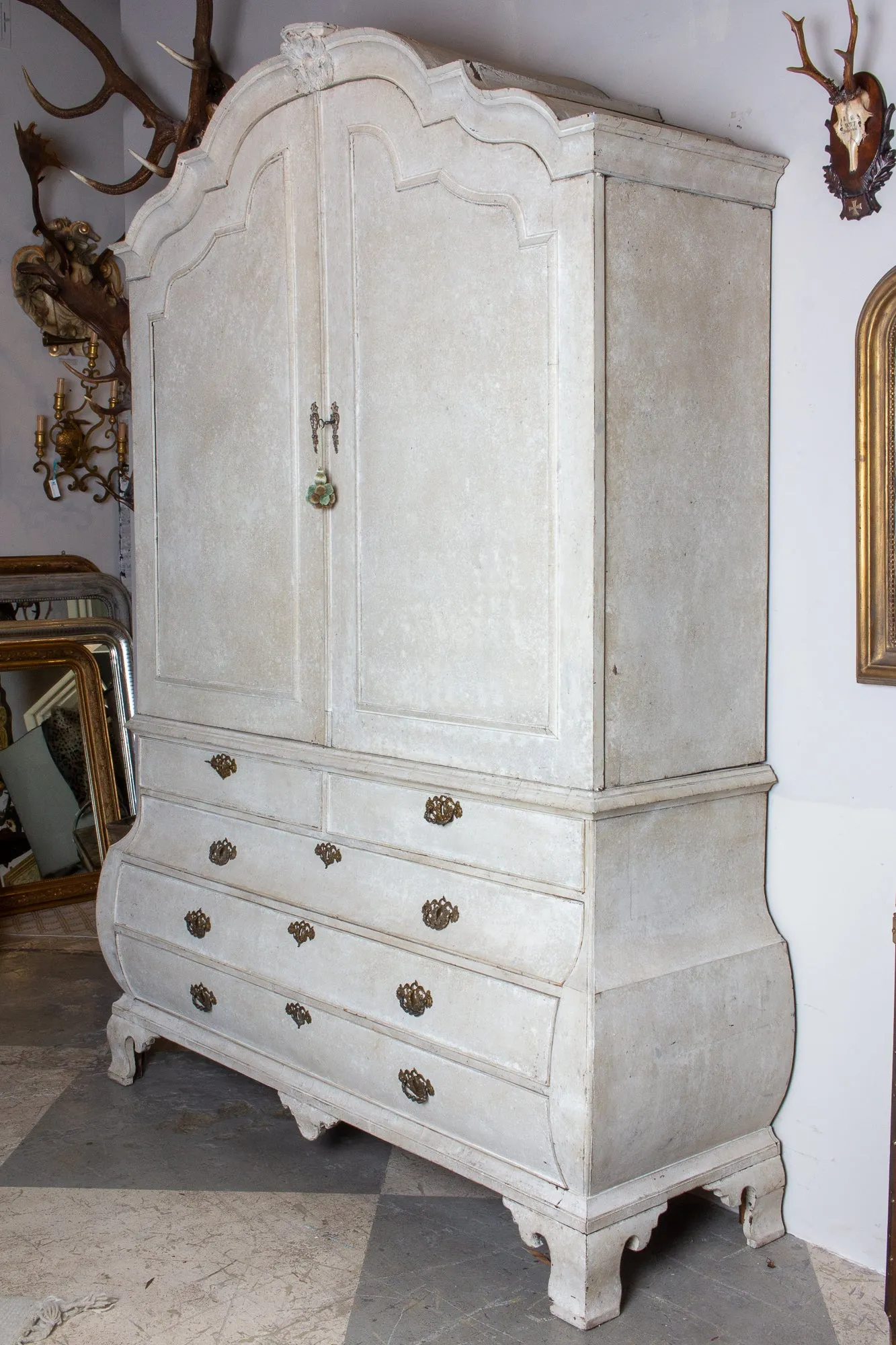 19th Century Painted Dutch Linen Press in Cream and Blue