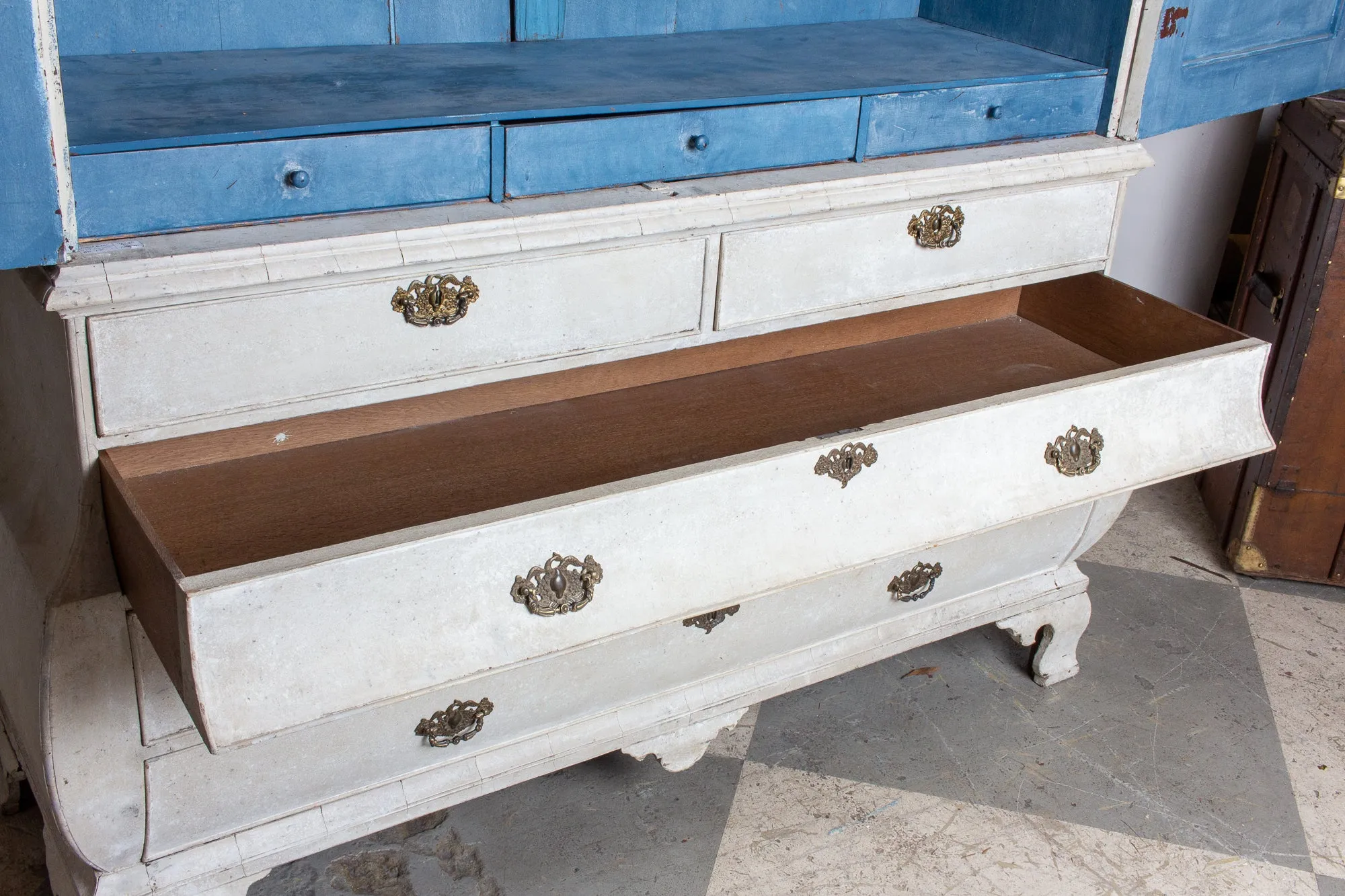 19th Century Painted Dutch Linen Press in Cream and Blue