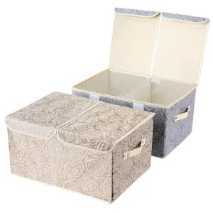2 Pack Drawer Organization, Large Linen 2 Sections Washable Storage with Lids and Handles, Foldable Closet Organizer for Nursery, Closet ，Clothes, Toy, Home, Office, Bedroom, Grey Khaki(18 x 9.8
