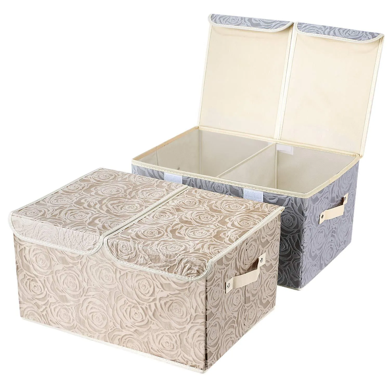2 Pack Drawer Organization, Large Linen 2 Sections Washable Storage with Lids and Handles, Foldable Closet Organizer for Nursery, Closet ，Clothes, Toy, Home, Office, Bedroom, Grey Khaki(18 x 9.8