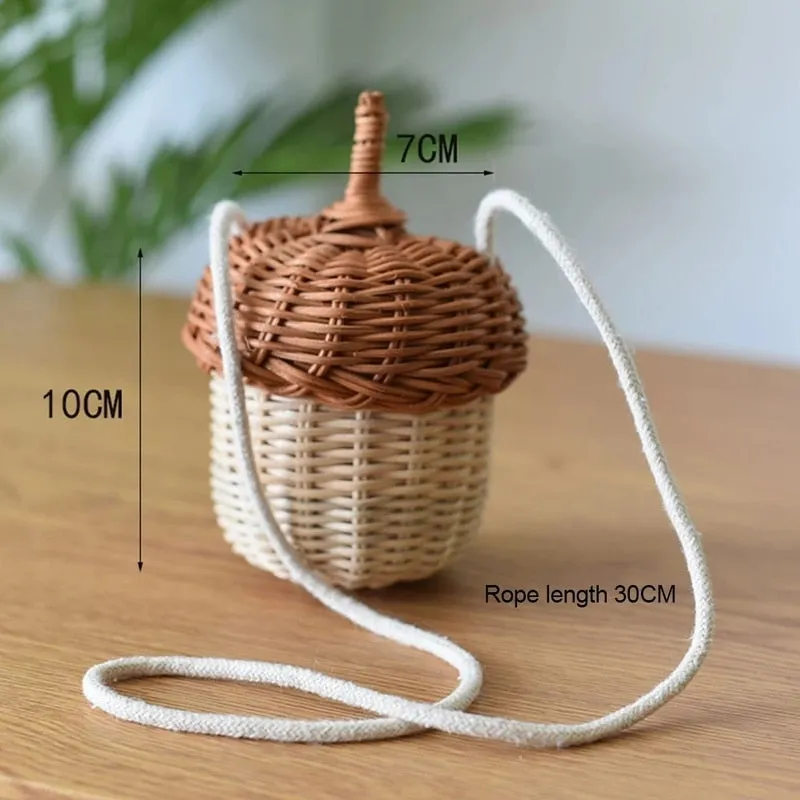 2024 New Acorn-shaped Storage Basket Hand-woven Round Rattan Bag Bucket Tropical Beach Style Woven Shoulder Bag Photo Props