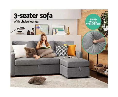 3 Seater Fabric Sofa Bed with Storage - Grey