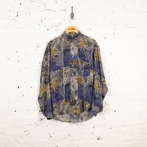 90s Long Sleeve Silk Pattern Shirt - Blue - M