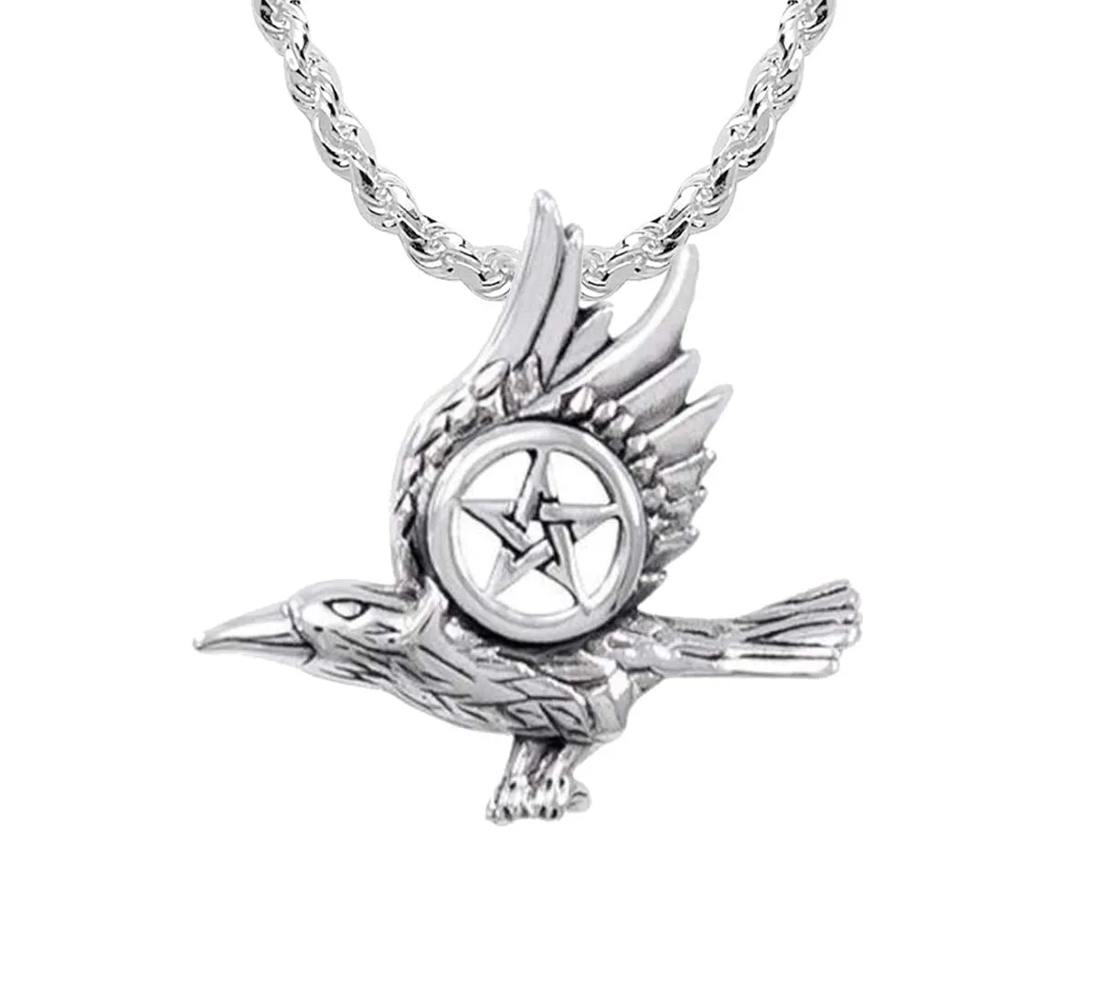 925 Sterling Silver Raven with Pentagram Wiccan Pendant Necklace