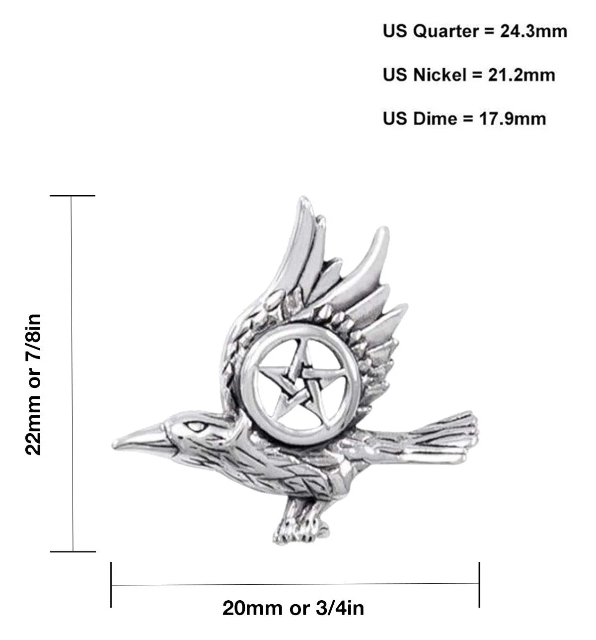 925 Sterling Silver Raven with Pentagram Wiccan Pendant Necklace