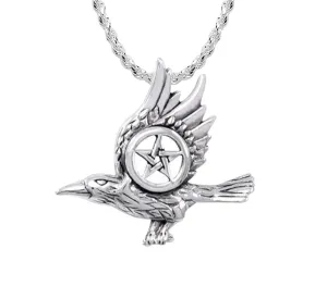 925 Sterling Silver Raven with Pentagram Wiccan Pendant Necklace