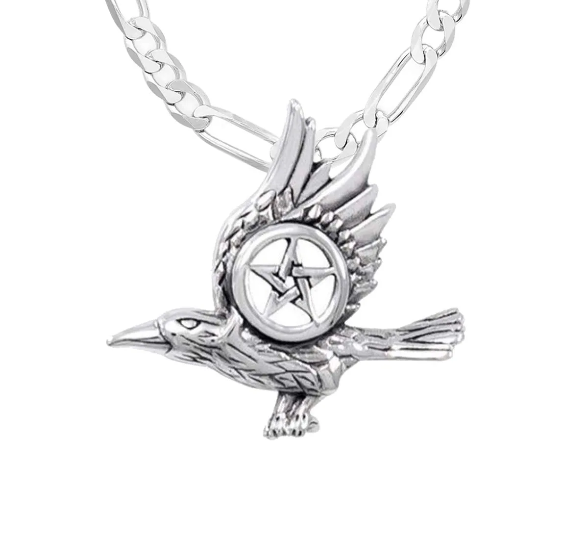 925 Sterling Silver Raven with Pentagram Wiccan Pendant Necklace