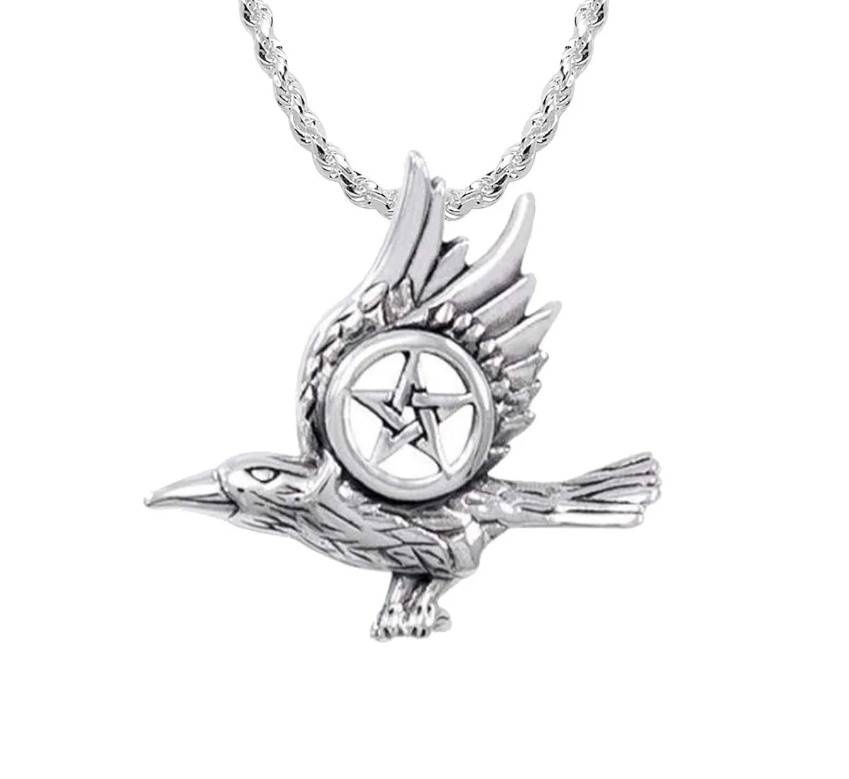 925 Sterling Silver Raven with Pentagram Wiccan Pendant Necklace