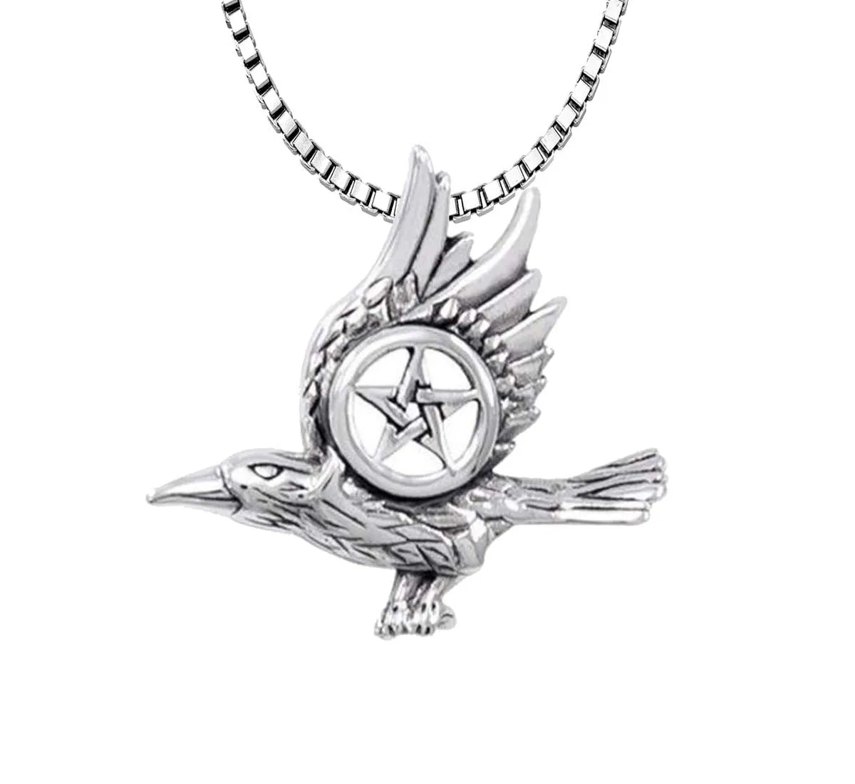 925 Sterling Silver Raven with Pentagram Wiccan Pendant Necklace