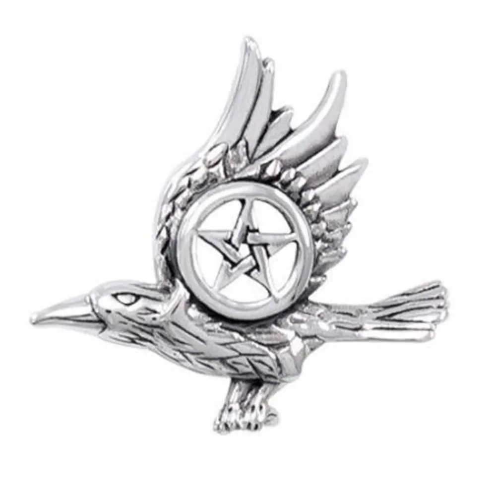 925 Sterling Silver Raven with Pentagram Wiccan Pendant Necklace