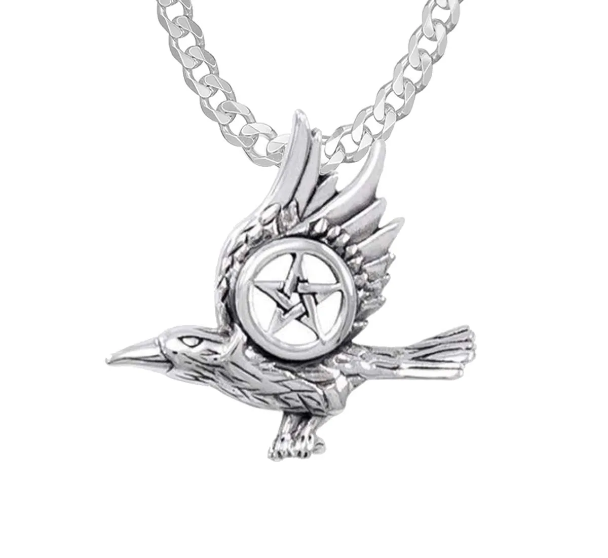 925 Sterling Silver Raven with Pentagram Wiccan Pendant Necklace