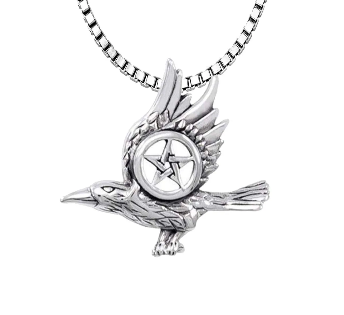 925 Sterling Silver Raven with Pentagram Wiccan Pendant Necklace