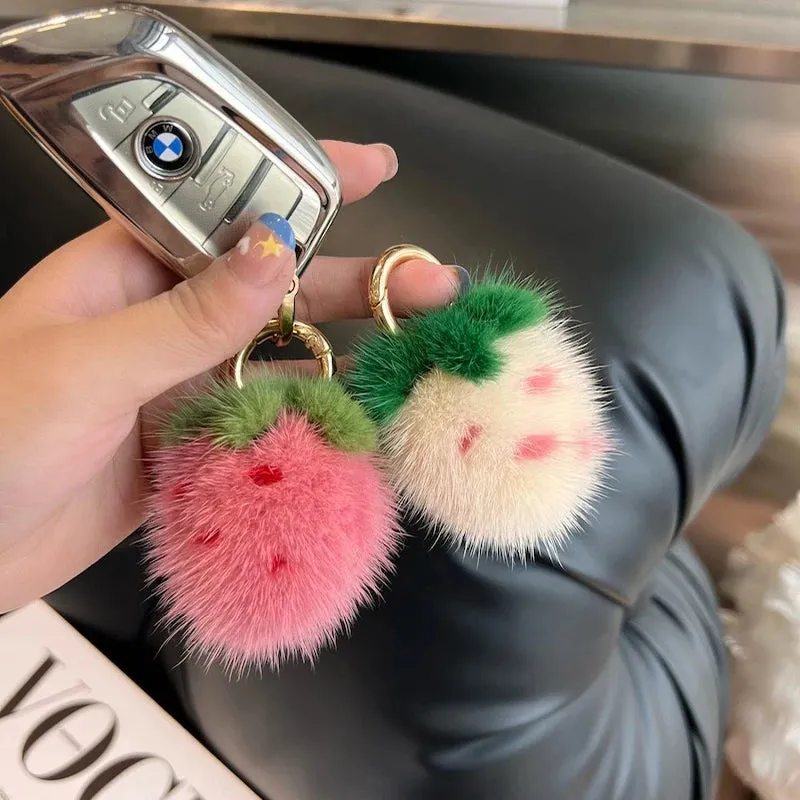 Adorable Kawaii Strawberry Mink Fur Keychain 🍓✨ - Fluffy Bag Charm & Cell Phone Pendant for Women! 👜💕