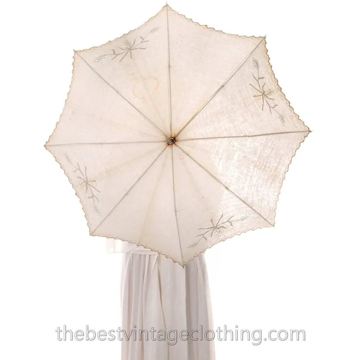Antique Parasol White Linen Eyelet Victorian Bamboo Handle Excellent Condition