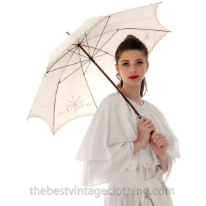 Antique Parasol White Linen Eyelet Victorian Bamboo Handle Excellent Condition