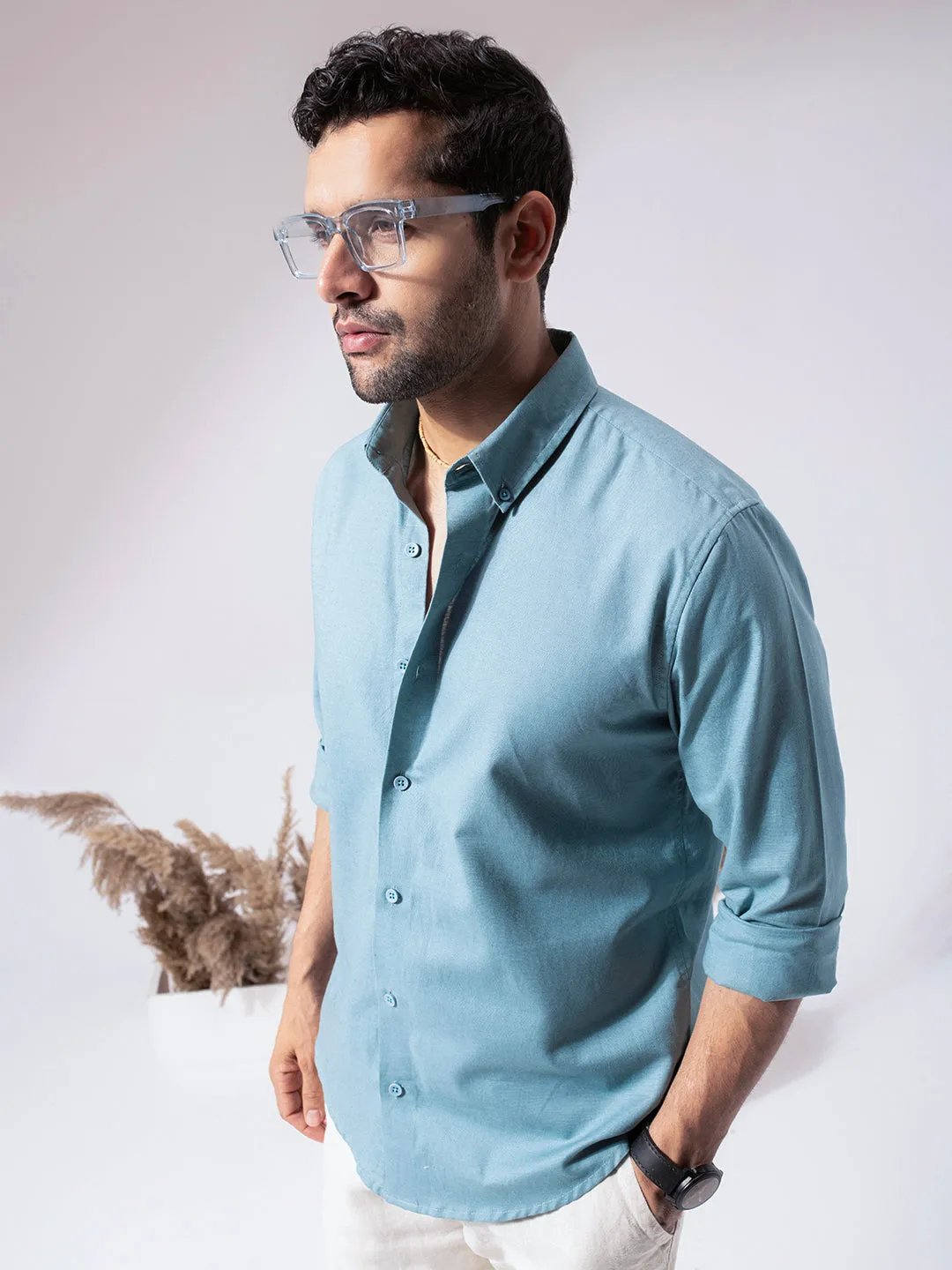 Aqua Blue Linen Blend Shirt