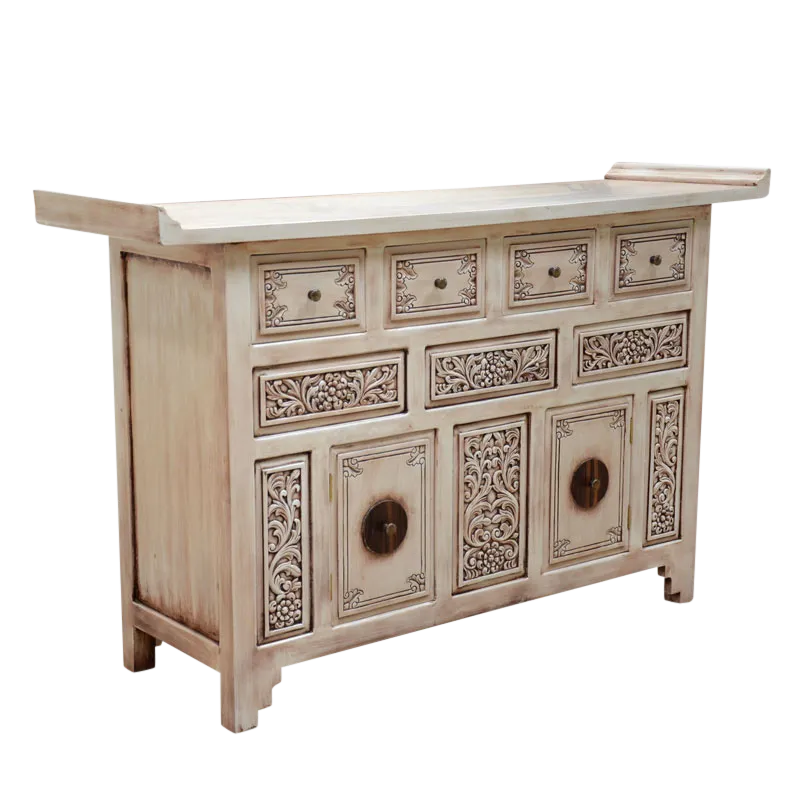Asian carved buffet in distressed white.