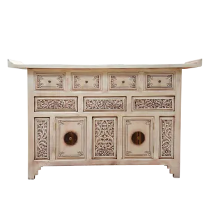 Asian carved buffet in distressed white.