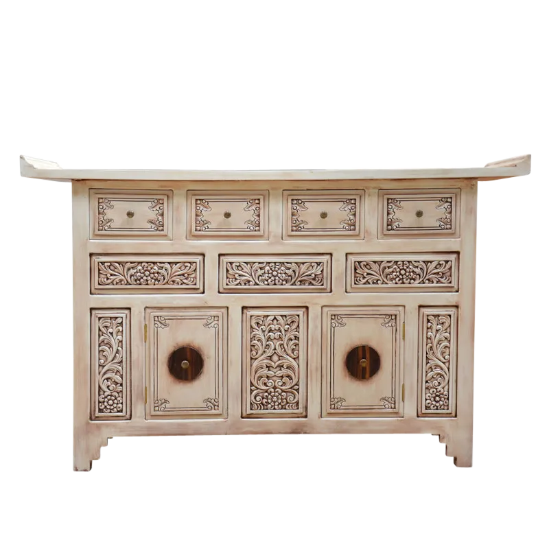 Asian carved buffet in distressed white.