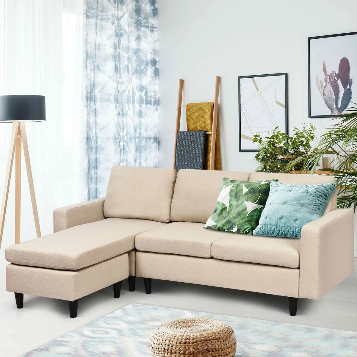 Beige L-Shaped Right or Left Facing Mid-Century Style Sectional Sofa