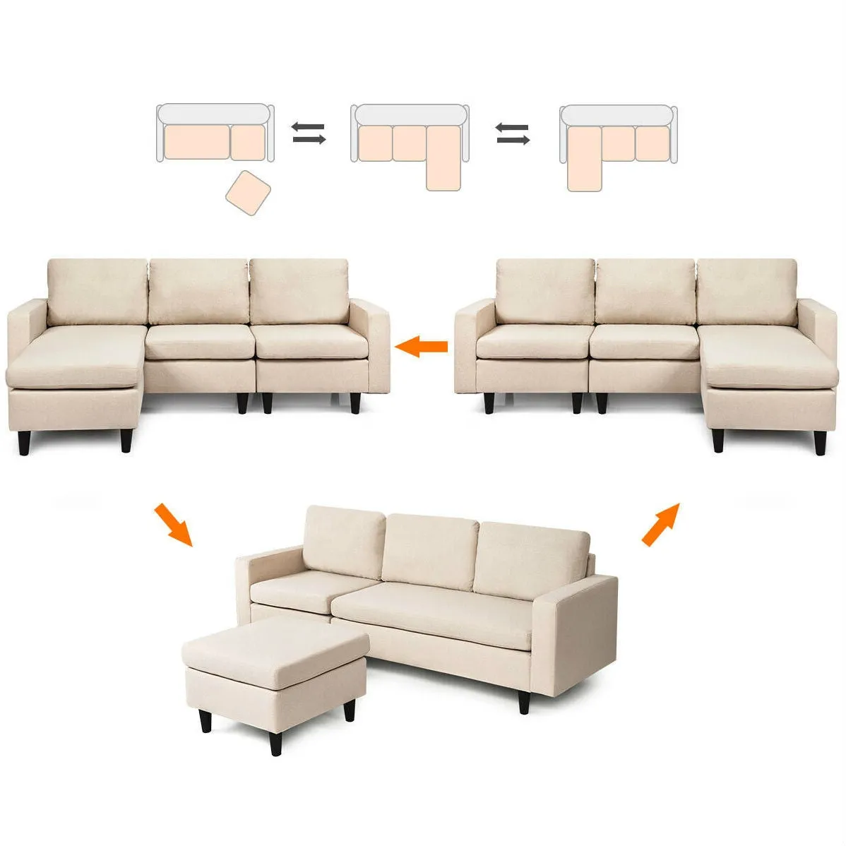 Beige L-Shaped Right or Left Facing Mid-Century Style Sectional Sofa
