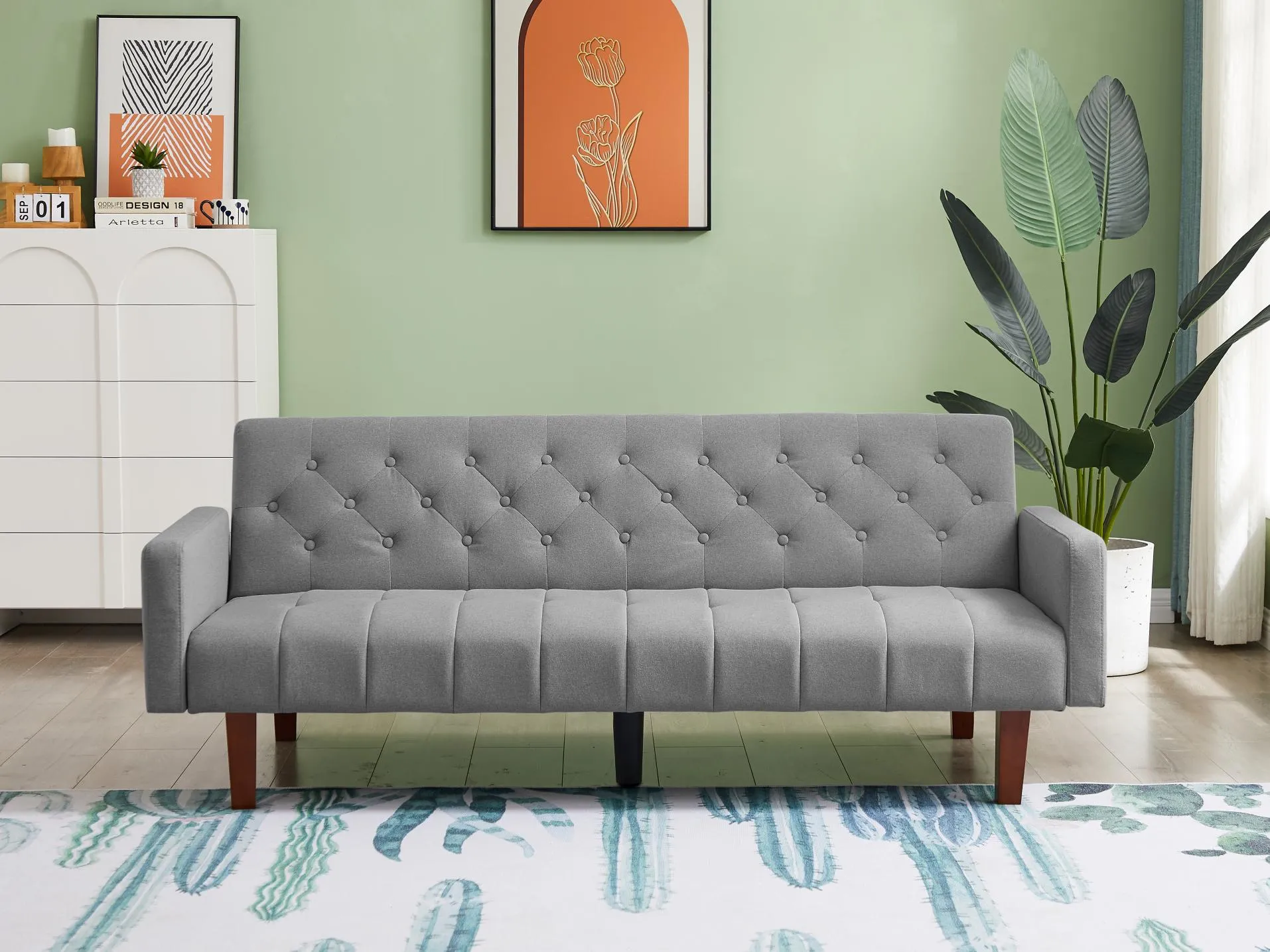 Beige, Linen, Convertible Double Folding Living Room Sofa Bed (Eucalyptus wood frame)