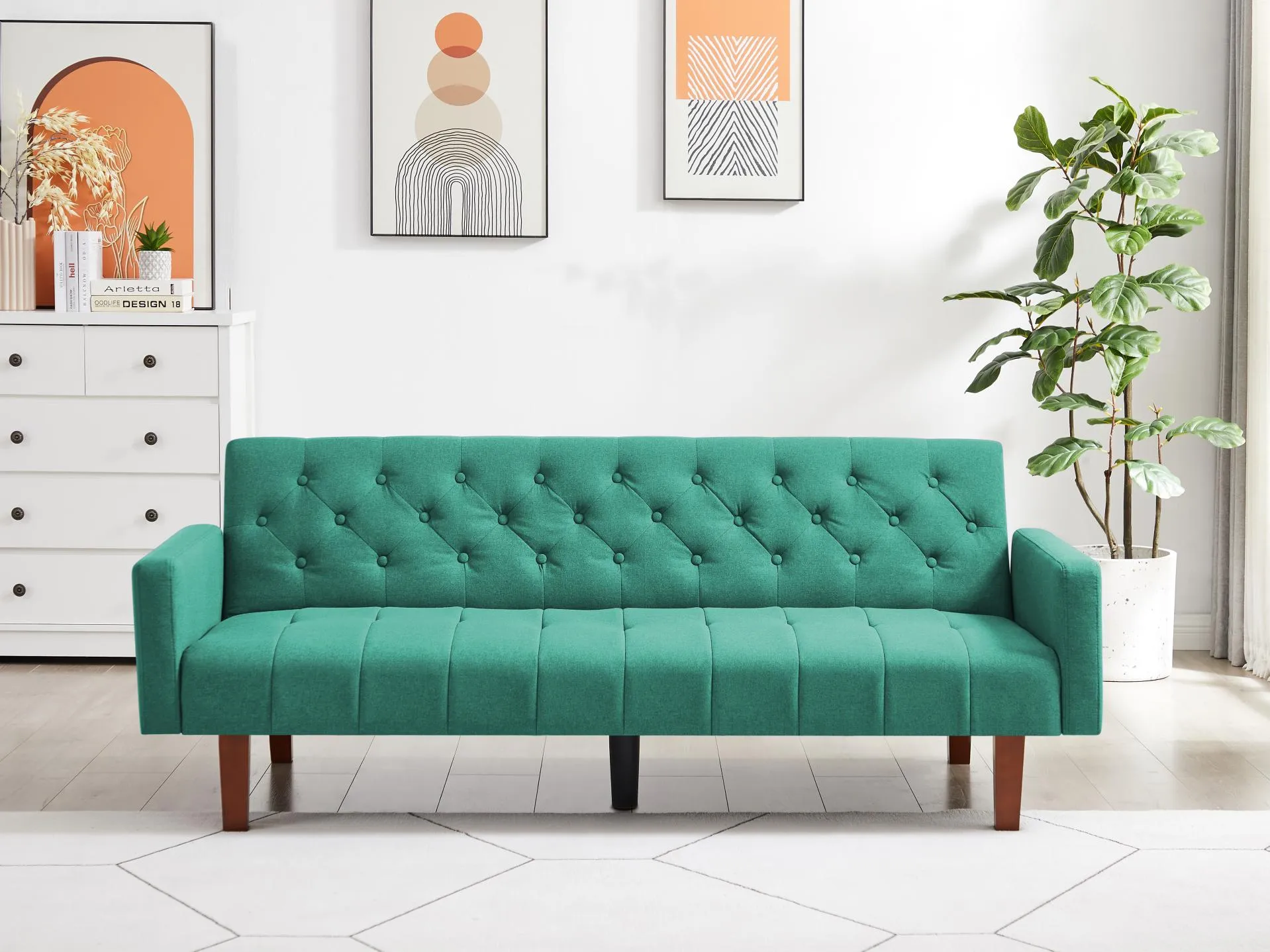 Beige, Linen, Convertible Double Folding Living Room Sofa Bed (Eucalyptus wood frame)