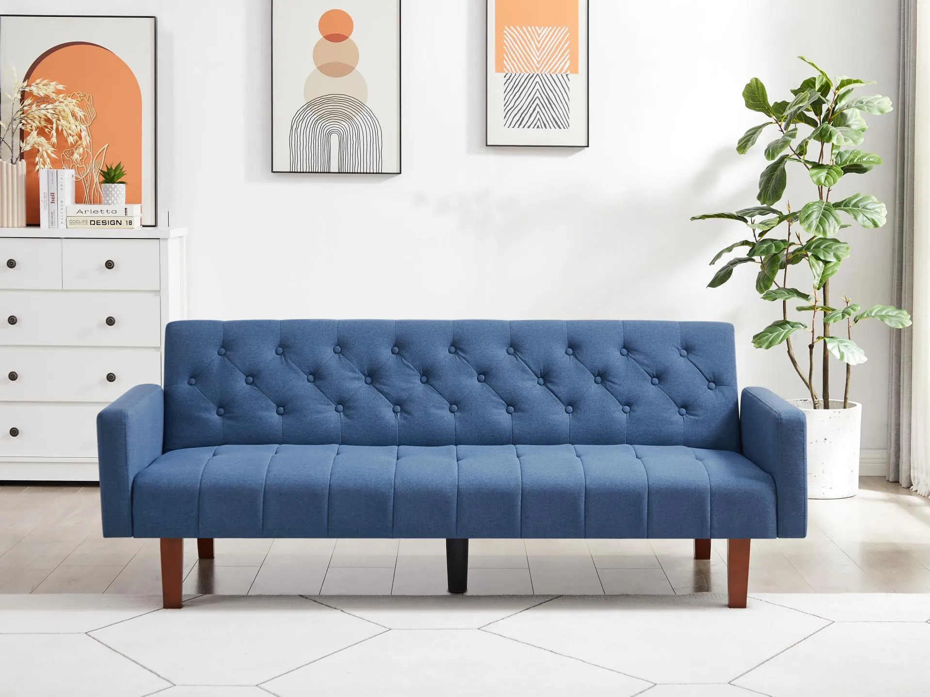 Beige, Linen, Convertible Double Folding Living Room Sofa Bed (Eucalyptus wood frame)