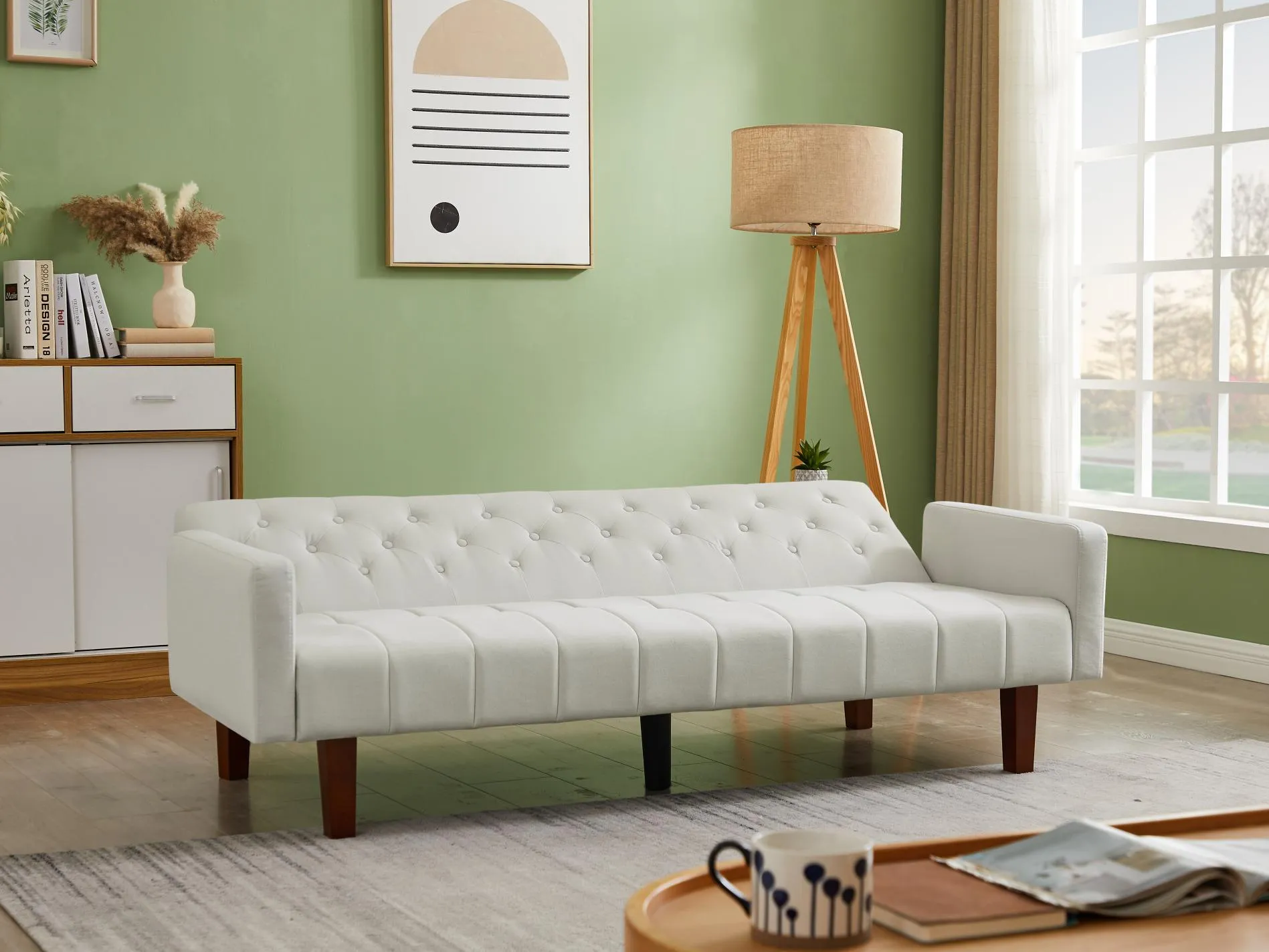 Beige, Linen, Convertible Double Folding Living Room Sofa Bed (Eucalyptus wood frame)