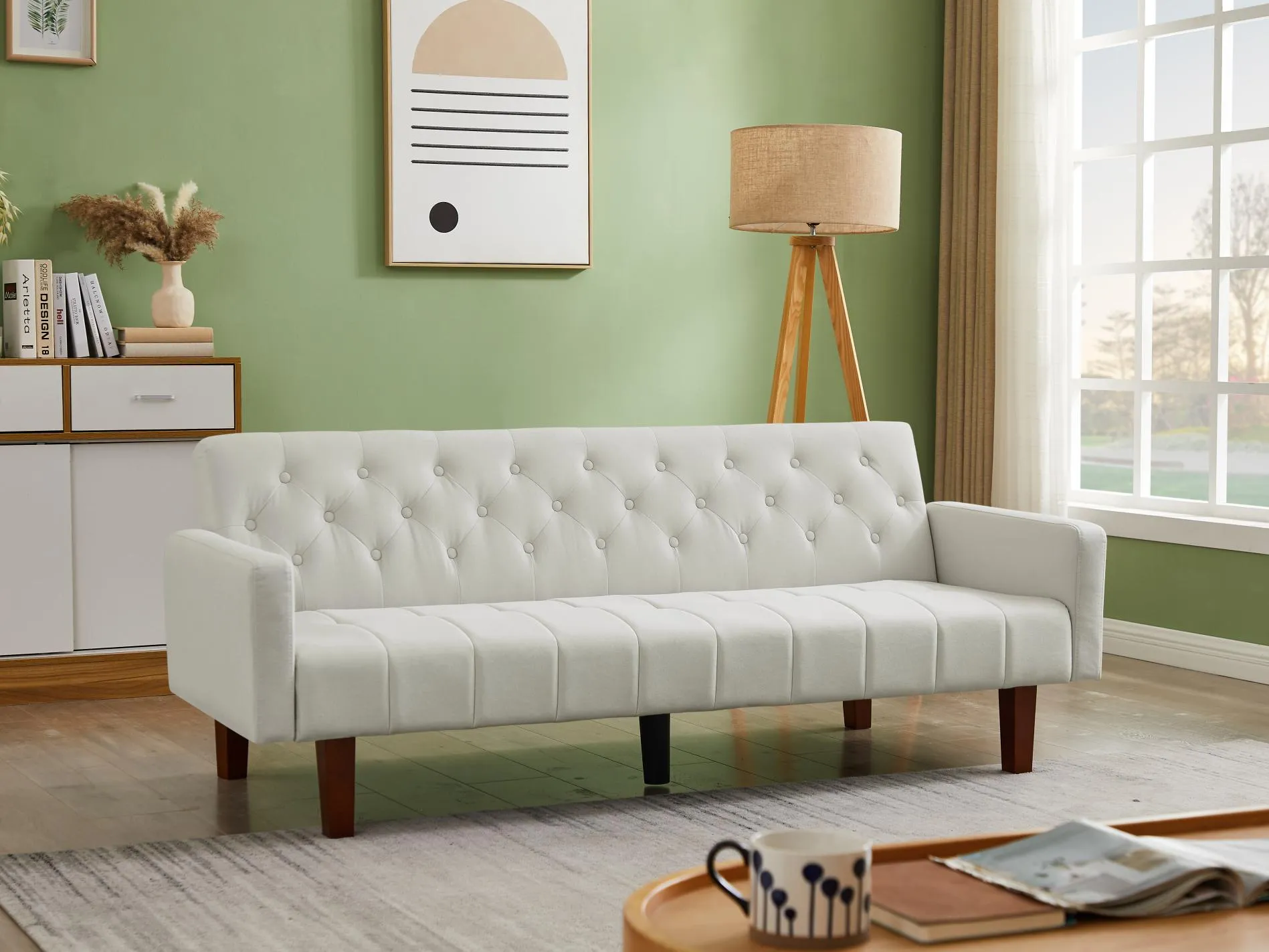 Beige, Linen, Convertible Double Folding Living Room Sofa Bed (Eucalyptus wood frame)