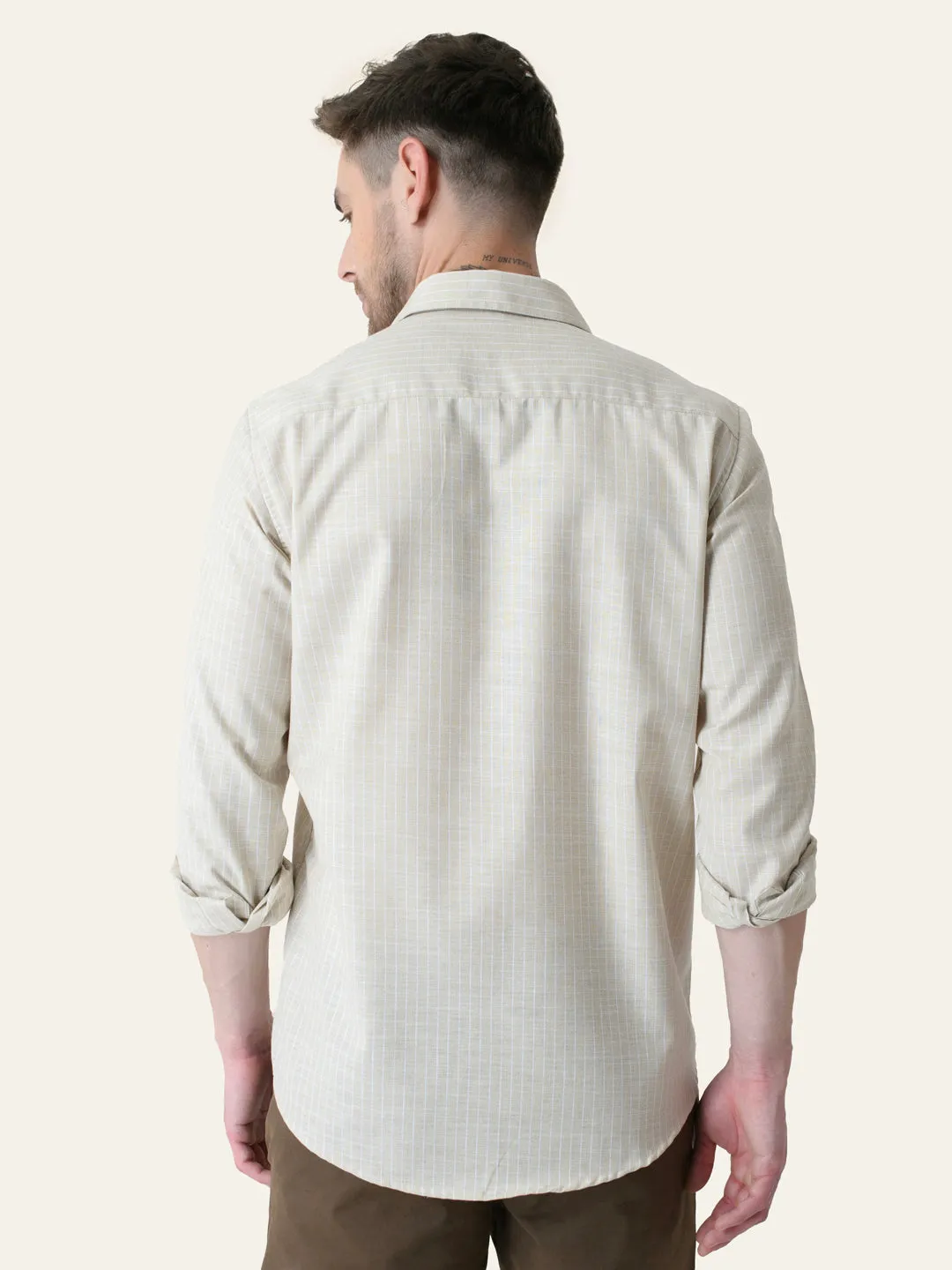 Beige Striped Slim Fit Linen Cotton Shirt