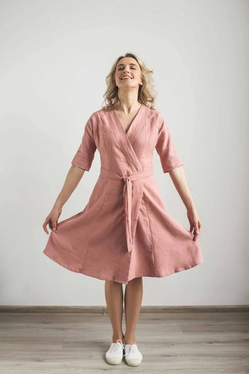 Belted Wrap Around Linen Dress