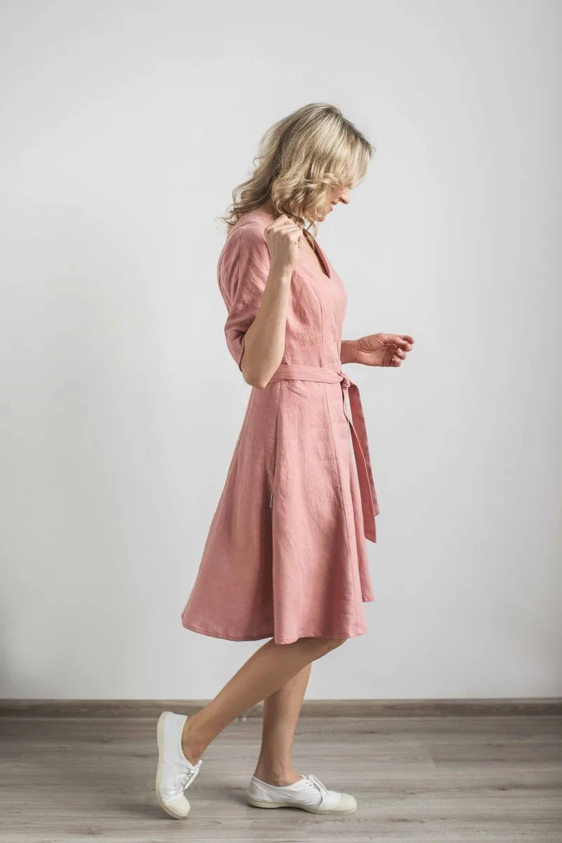 Belted Wrap Around Linen Dress