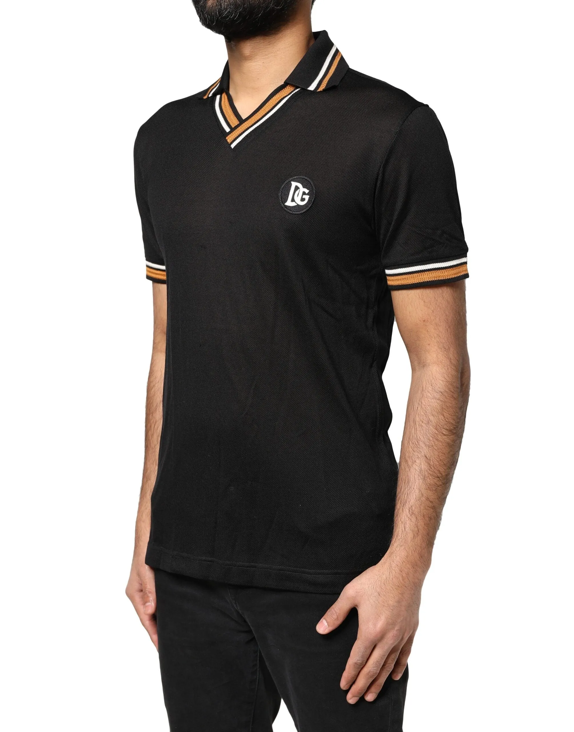 Black DG Silk V-neck Collared Polo T-shirt