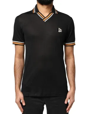 Black DG Silk V-neck Collared Polo T-shirt
