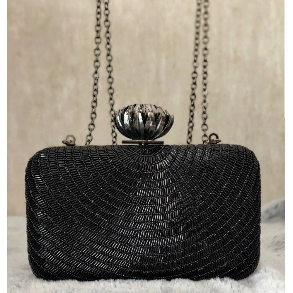 Black Evening Clutch Handbag , Party Purse Indian Zardozi Clutch Sling, Wedding Bridal Bag, Embellished  Evening Clutch, Gift