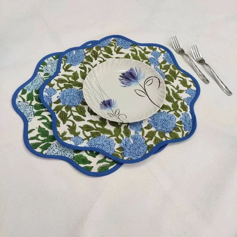 Blue Botanical Round scalloped Placemats