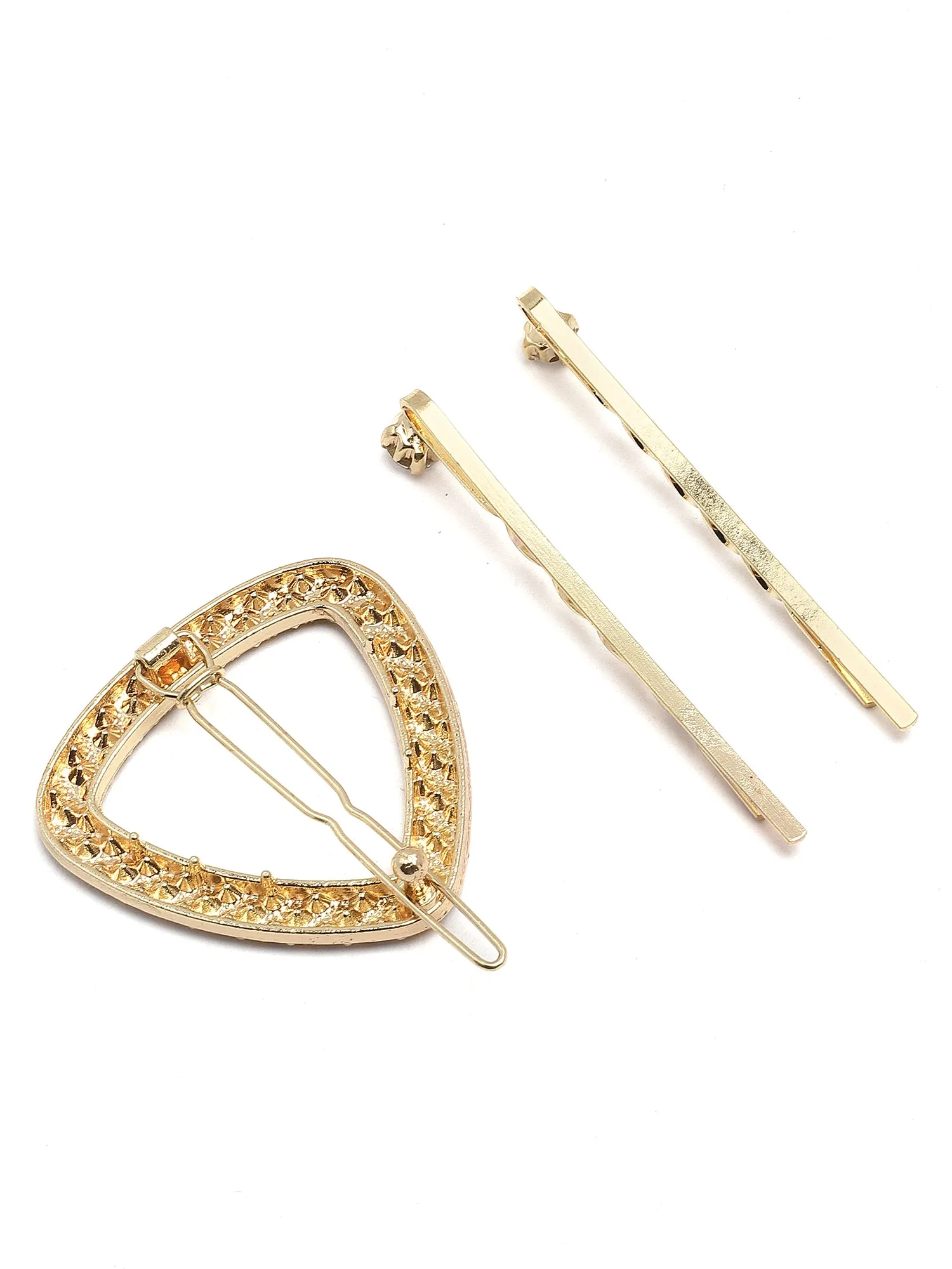 Bohey by KARATCART Gold Tone Set of 3 Crystal Studded Triangle Hair Clips for Women