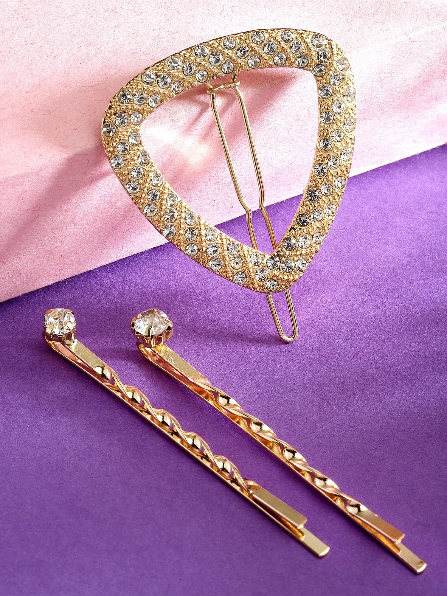 Bohey by KARATCART Gold Tone Set of 3 Crystal Studded Triangle Hair Clips for Women